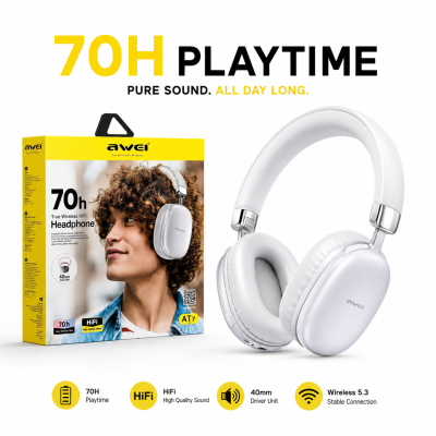 Awei AT7 Wireless Hi-Fi Headphone – Over-Ear Stereo Bluetooth Headset with 40mm Drivers, 70-Hour Battery Life, Micro-SD Card Slot & Lightweight Ergonomic Design (Multi-Colour)